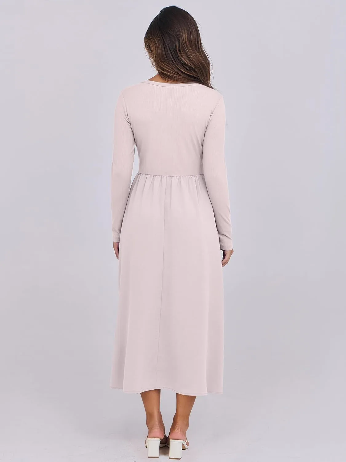 ANRABESS Women's Long Sleeve Midi Dress 2025 Fall Fashion Patchwork Ribbed Knit Tight Top Casual Flowy Swing Dresses Pockets
