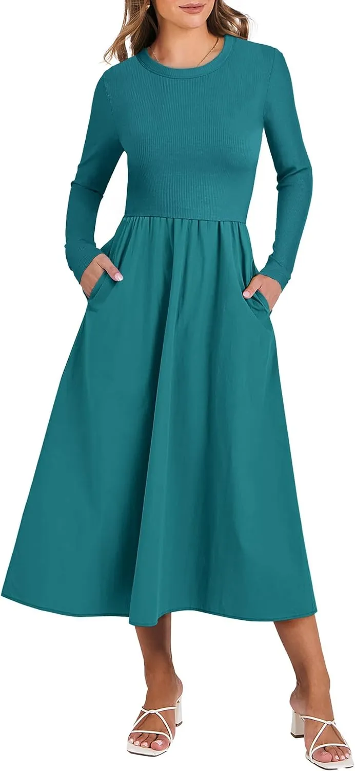 ANRABESS Women's Long Sleeve Midi Dress 2025 Fall Fashion Patchwork Ribbed Knit Tight Top Casual Flowy Swing Dresses Pockets