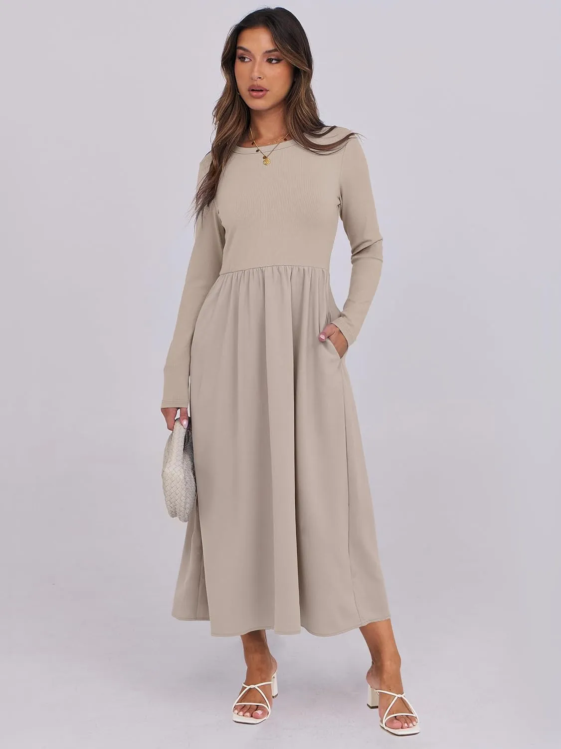 ANRABESS Women's Long Sleeve Midi Dress 2025 Fall Fashion Patchwork Ribbed Knit Tight Top Casual Flowy Swing Dresses Pockets