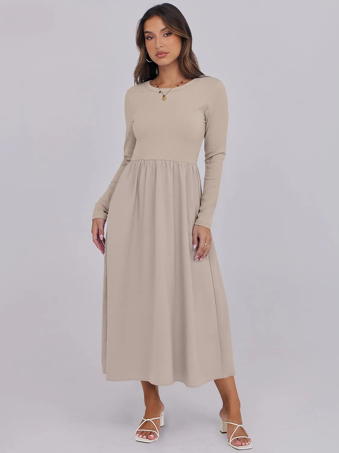 ANRABESS Women's Long Sleeve Midi Dress 2025 Fall Fashion Patchwork Ribbed Knit Tight Top Casual Flowy Swing Dresses Pockets