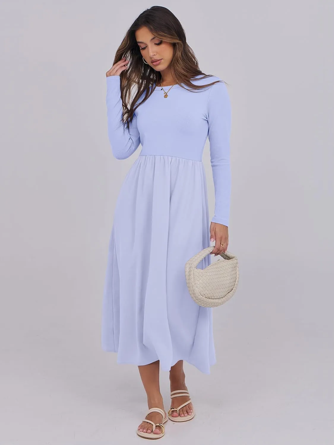 ANRABESS Women's Long Sleeve Midi Dress 2025 Fall Fashion Patchwork Ribbed Knit Tight Top Casual Flowy Swing Dresses Pockets