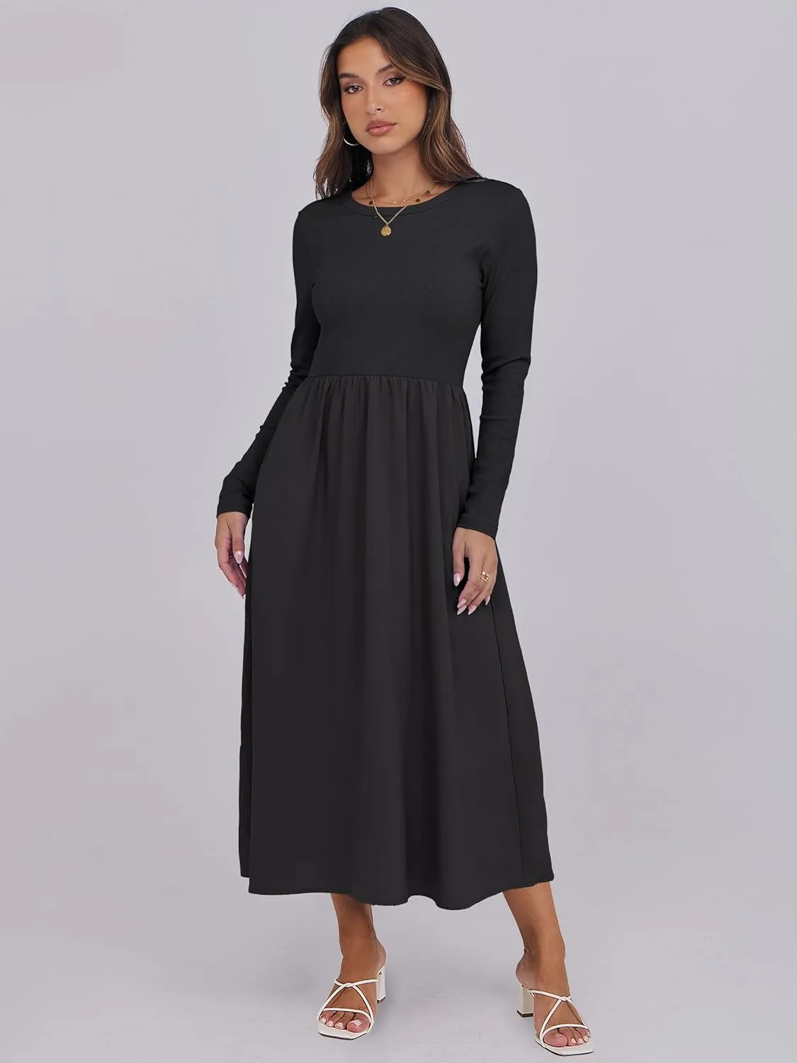 ANRABESS Women's Long Sleeve Midi Dress 2025 Fall Fashion Patchwork Ribbed Knit Tight Top Casual Flowy Swing Dresses Pockets