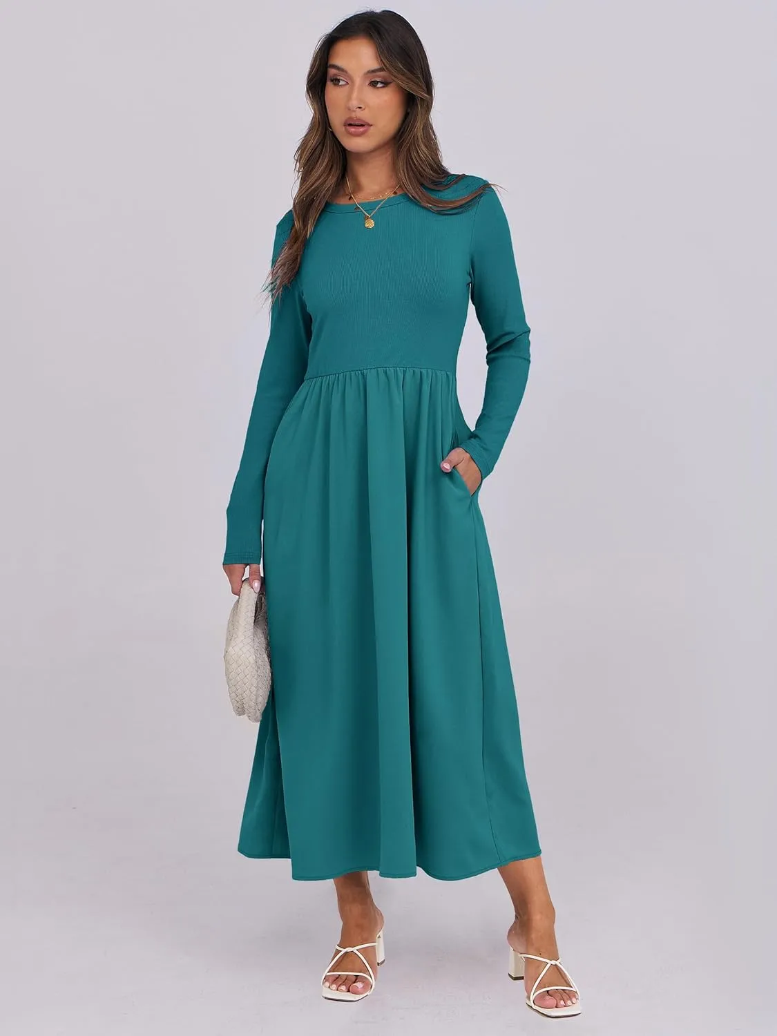 ANRABESS Women's Long Sleeve Midi Dress 2025 Fall Fashion Patchwork Ribbed Knit Tight Top Casual Flowy Swing Dresses Pockets