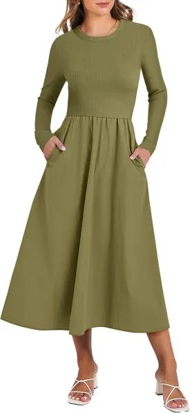 ANRABESS Women's Long Sleeve Midi Dress 2025 Fall Fashion Patchwork Ribbed Knit Tight Top Casual Flowy Swing Dresses Pockets