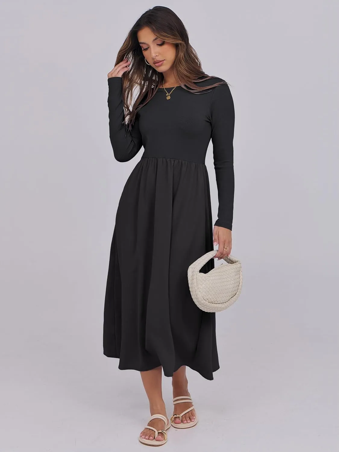 ANRABESS Women's Long Sleeve Midi Dress 2025 Fall Fashion Patchwork Ribbed Knit Tight Top Casual Flowy Swing Dresses Pockets