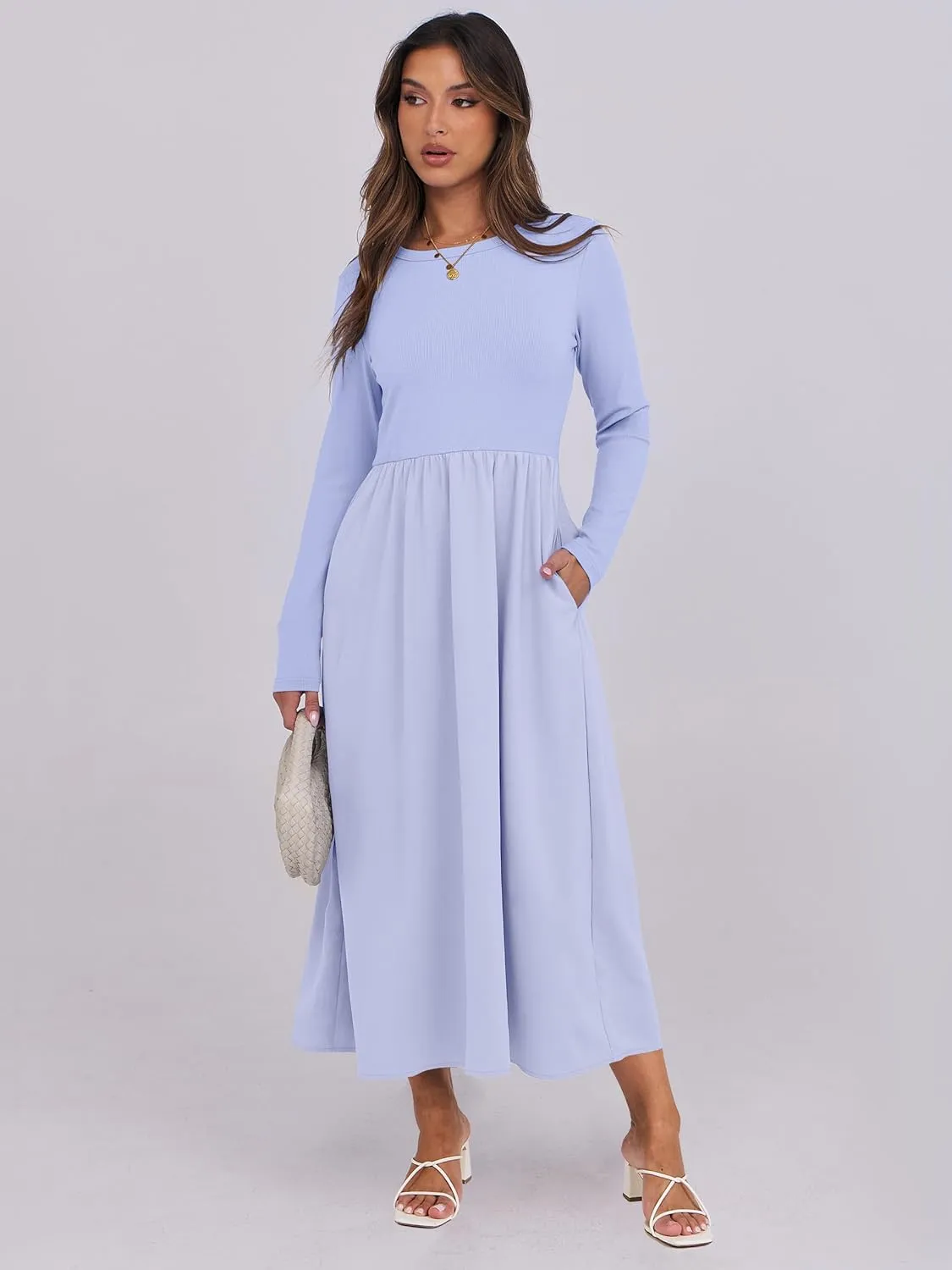 ANRABESS Women's Long Sleeve Midi Dress 2025 Fall Fashion Patchwork Ribbed Knit Tight Top Casual Flowy Swing Dresses Pockets