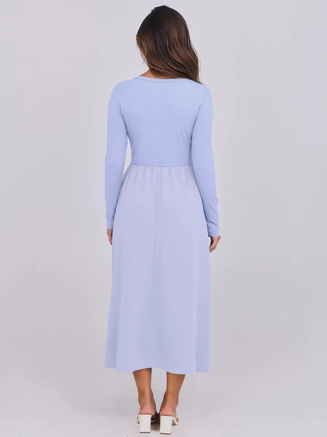 ANRABESS Women's Long Sleeve Midi Dress 2025 Fall Fashion Patchwork Ribbed Knit Tight Top Casual Flowy Swing Dresses Pockets