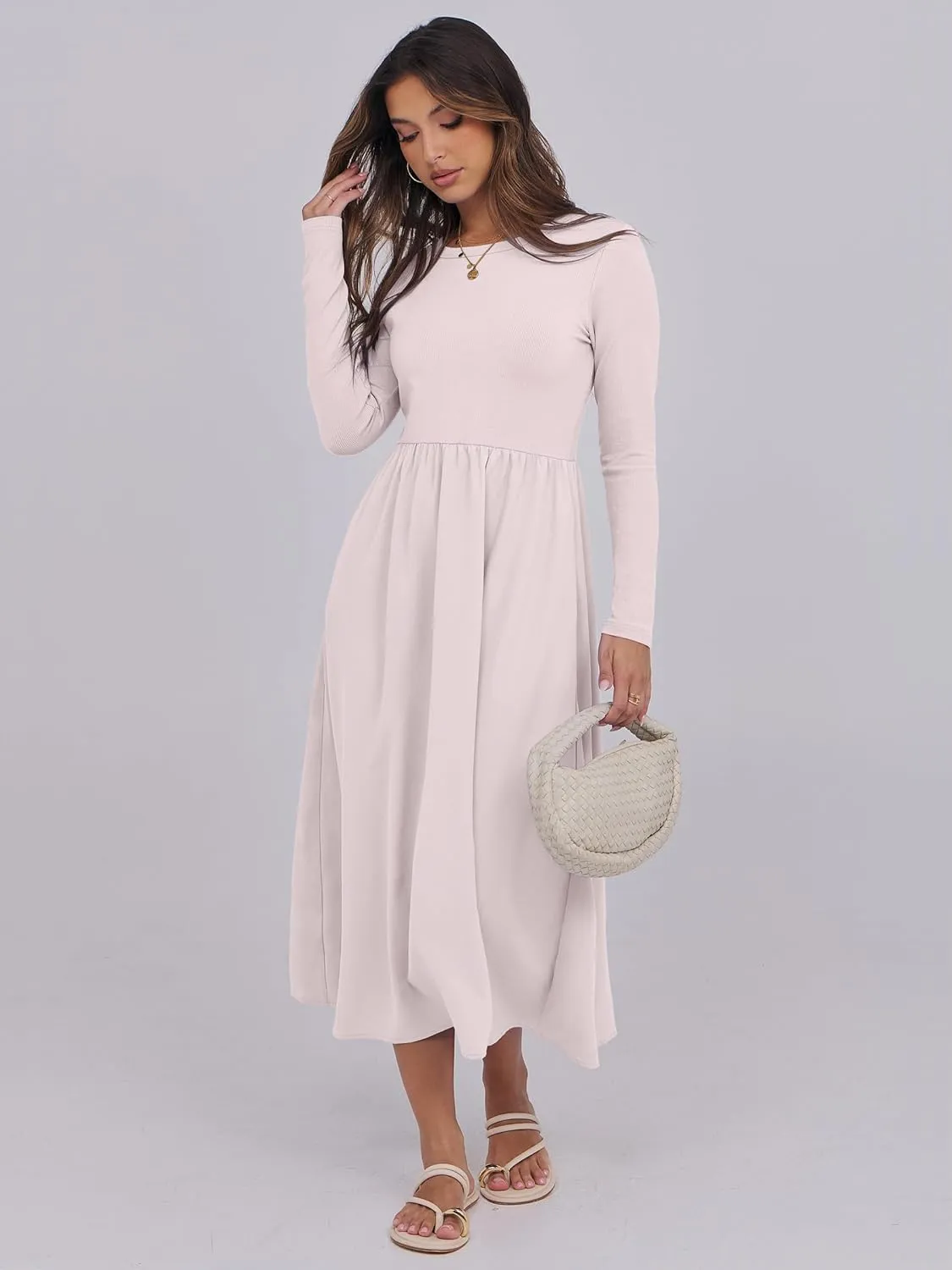 ANRABESS Women's Long Sleeve Midi Dress 2025 Fall Fashion Patchwork Ribbed Knit Tight Top Casual Flowy Swing Dresses Pockets