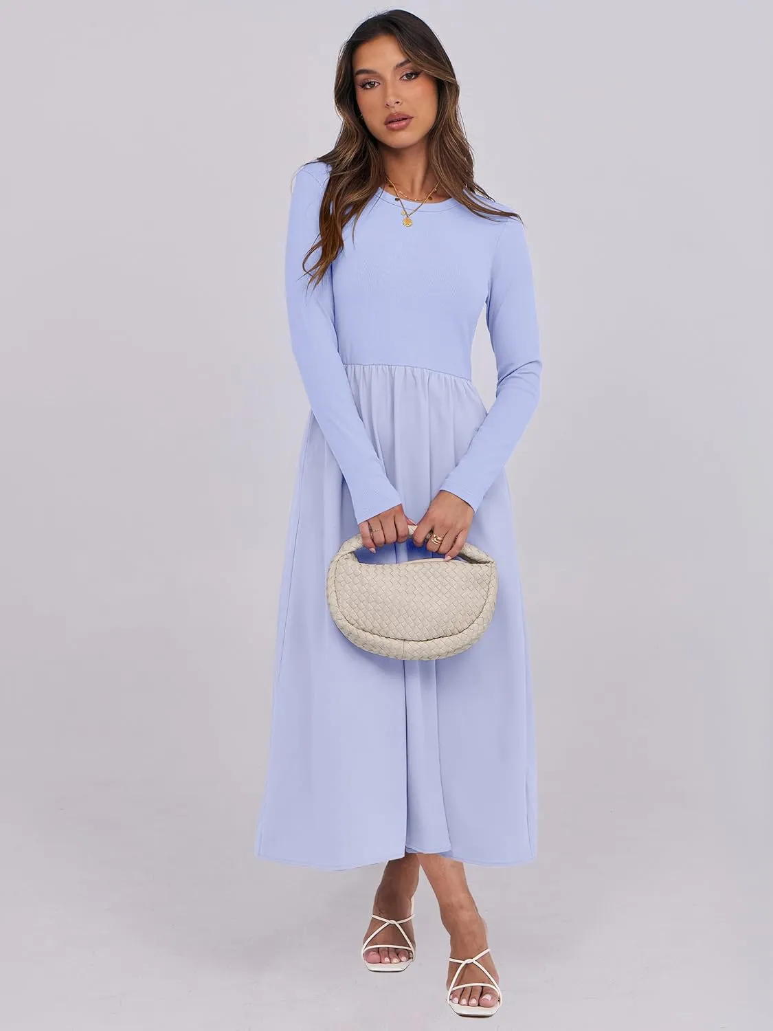 ANRABESS Women's Long Sleeve Midi Dress 2025 Fall Fashion Patchwork Ribbed Knit Tight Top Casual Flowy Swing Dresses Pockets