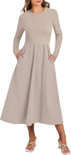ANRABESS Women's Long Sleeve Midi Dress 2025 Fall Fashion Patchwork Ribbed Knit Tight Top Casual Flowy Swing Dresses Pockets