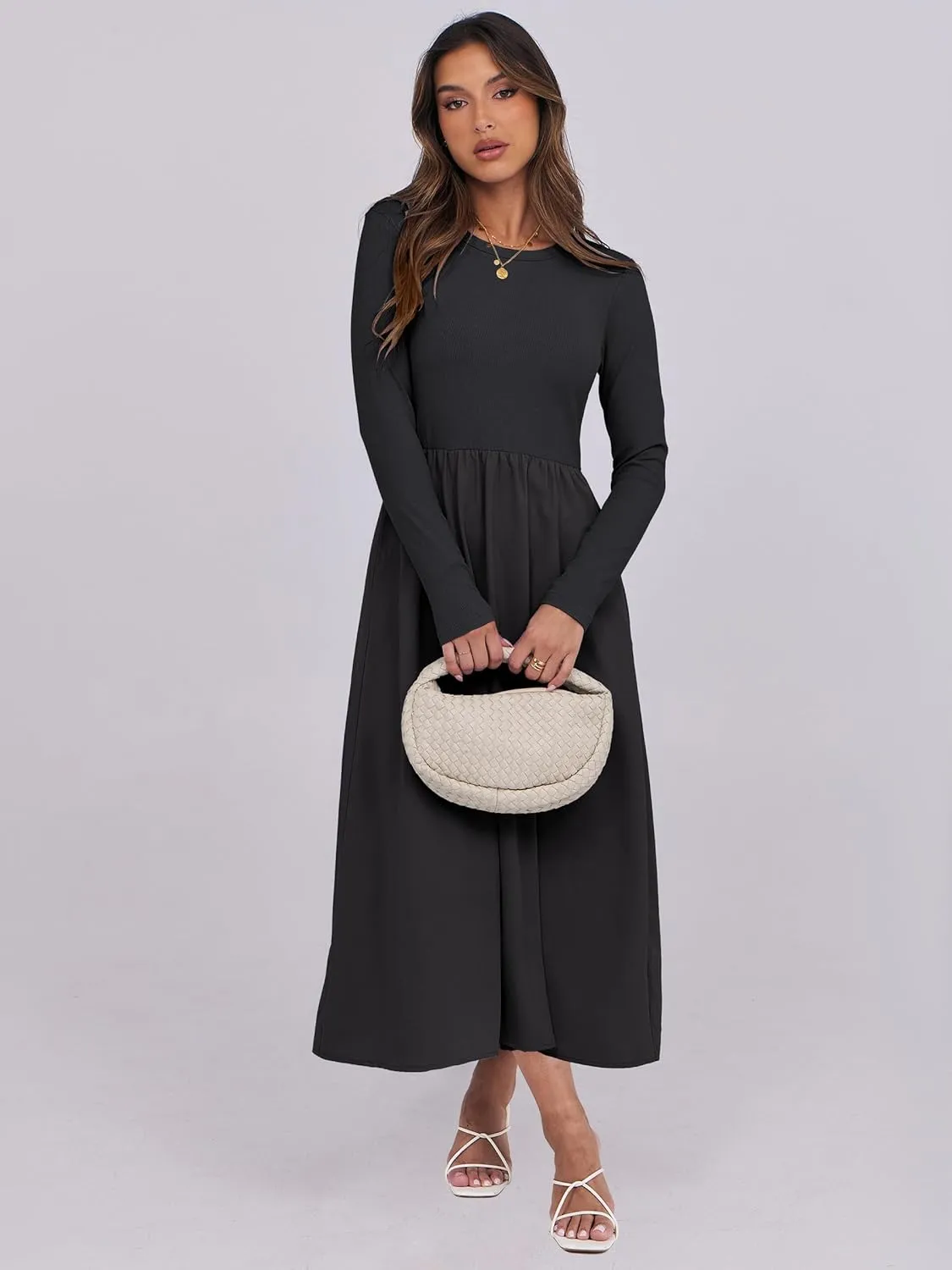 ANRABESS Women's Long Sleeve Midi Dress 2025 Fall Fashion Patchwork Ribbed Knit Tight Top Casual Flowy Swing Dresses Pockets