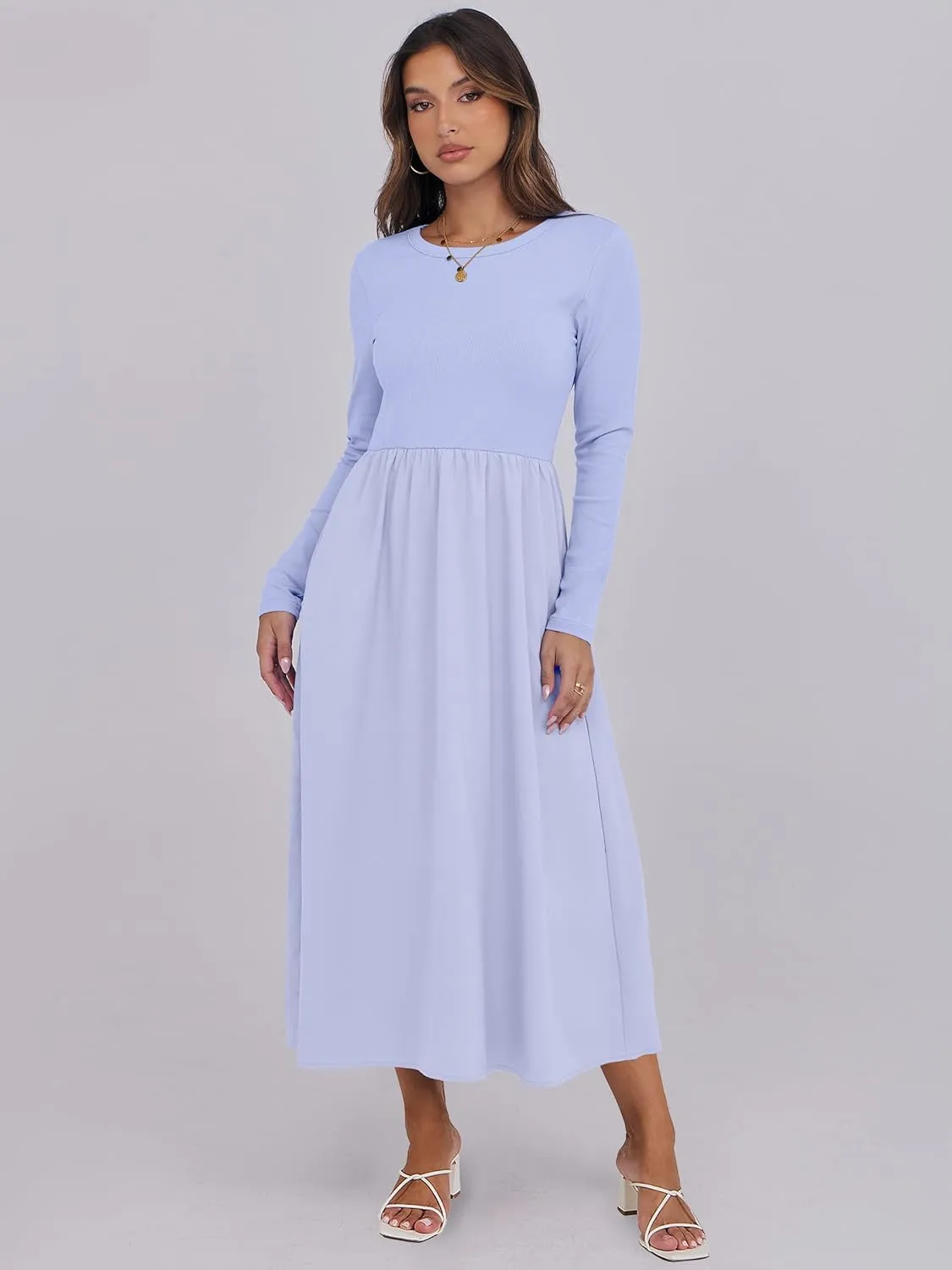 ANRABESS Women's Long Sleeve Midi Dress 2025 Fall Fashion Patchwork Ribbed Knit Tight Top Casual Flowy Swing Dresses Pockets