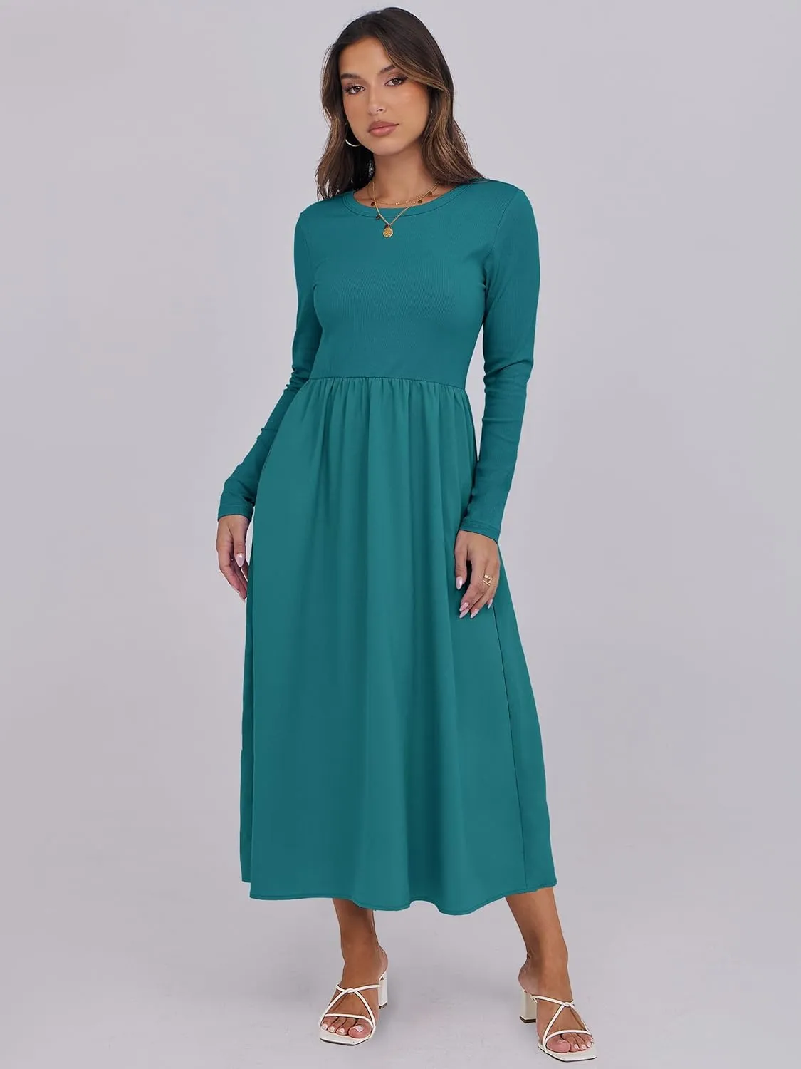 ANRABESS Women's Long Sleeve Midi Dress 2025 Fall Fashion Patchwork Ribbed Knit Tight Top Casual Flowy Swing Dresses Pockets