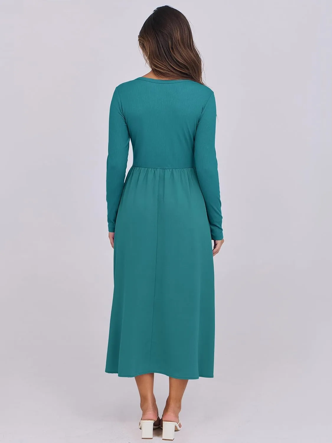ANRABESS Women's Long Sleeve Midi Dress 2025 Fall Fashion Patchwork Ribbed Knit Tight Top Casual Flowy Swing Dresses Pockets