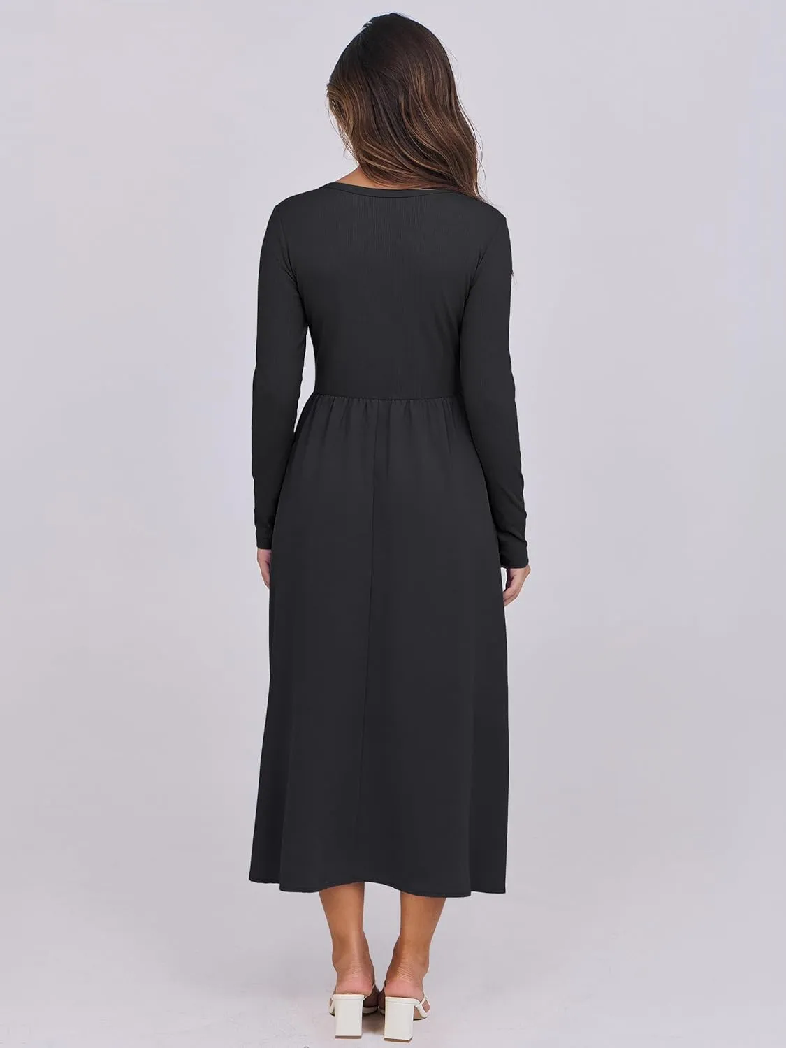 ANRABESS Women's Long Sleeve Midi Dress 2025 Fall Fashion Patchwork Ribbed Knit Tight Top Casual Flowy Swing Dresses Pockets
