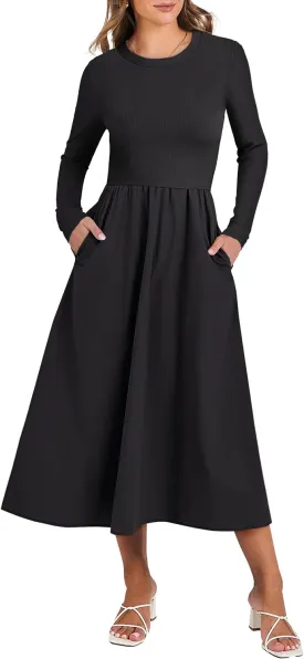 ANRABESS Women's Long Sleeve Midi Dress 2025 Fall Fashion Patchwork Ribbed Knit Tight Top Casual Flowy Swing Dresses Pockets