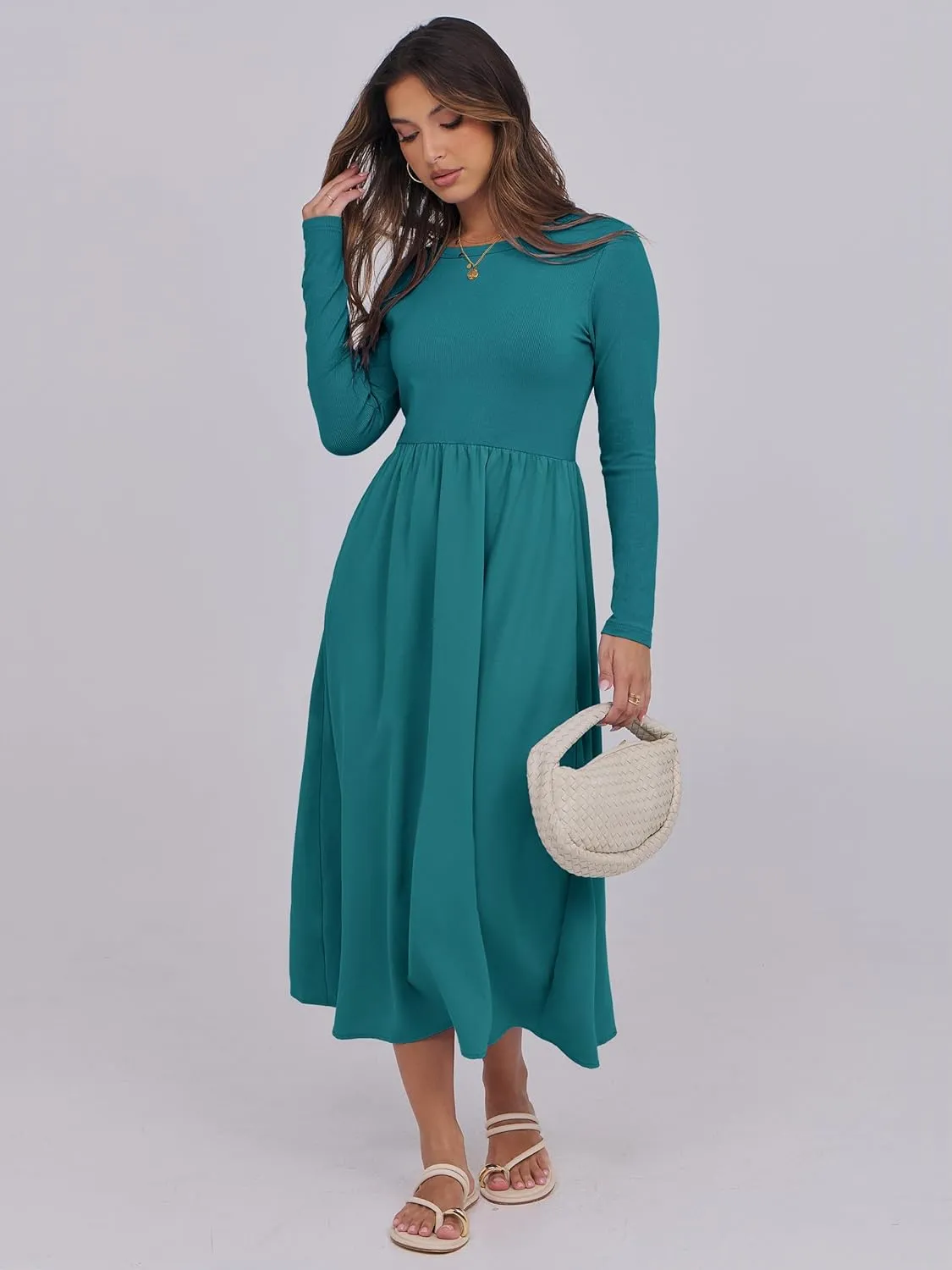 ANRABESS Women's Long Sleeve Midi Dress 2025 Fall Fashion Patchwork Ribbed Knit Tight Top Casual Flowy Swing Dresses Pockets