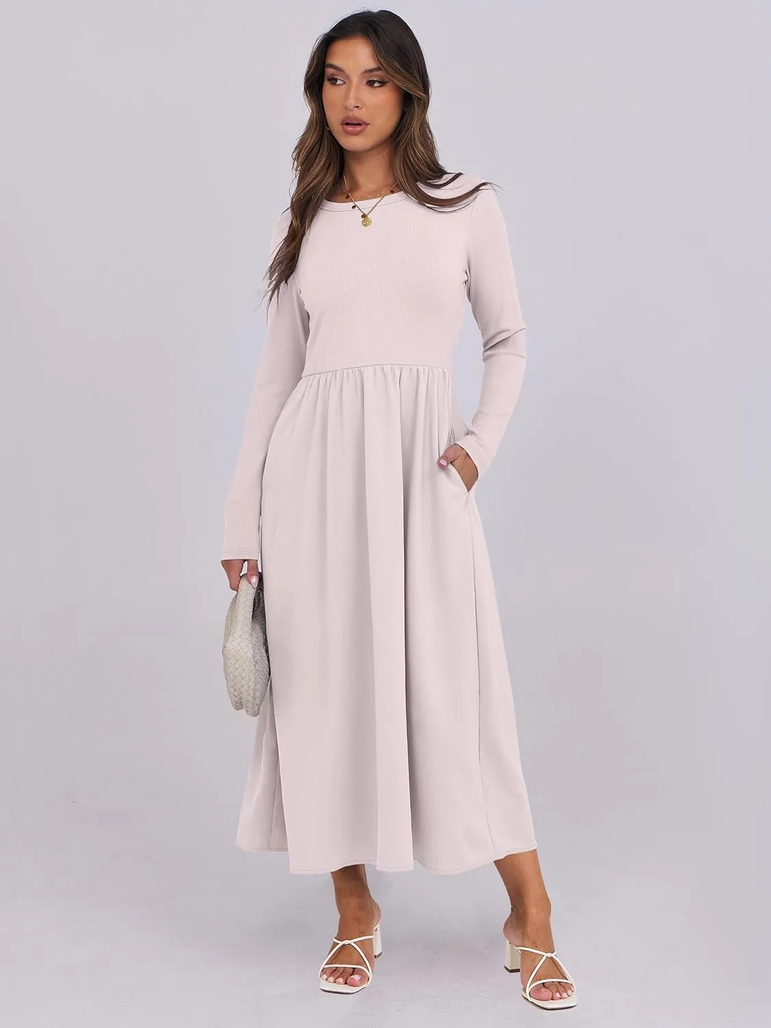 ANRABESS Women's Long Sleeve Midi Dress 2025 Fall Fashion Patchwork Ribbed Knit Tight Top Casual Flowy Swing Dresses Pockets