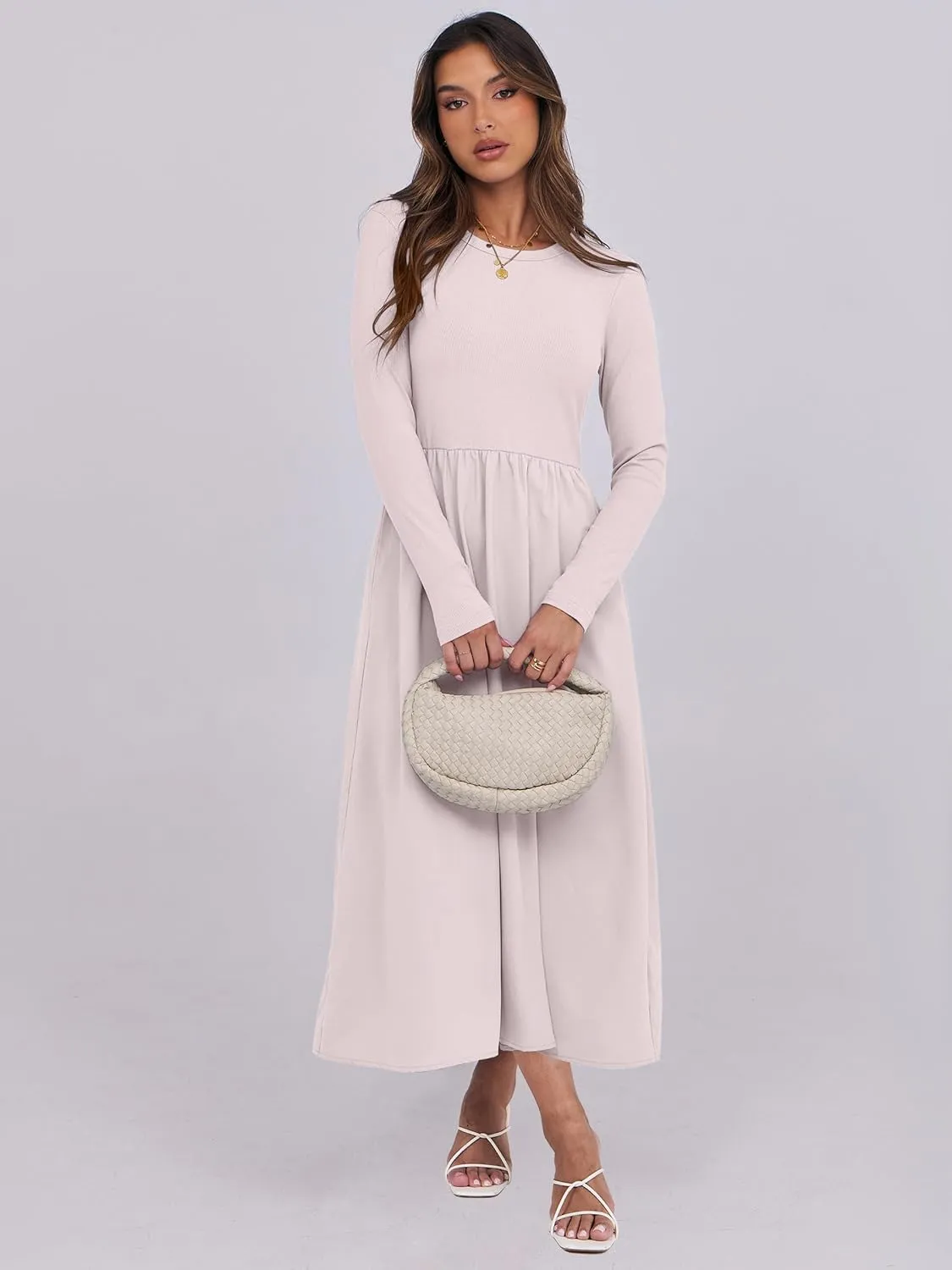 ANRABESS Women's Long Sleeve Midi Dress 2025 Fall Fashion Patchwork Ribbed Knit Tight Top Casual Flowy Swing Dresses Pockets