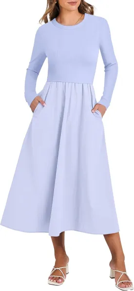 ANRABESS Women's Long Sleeve Midi Dress 2025 Fall Fashion Patchwork Ribbed Knit Tight Top Casual Flowy Swing Dresses Pockets