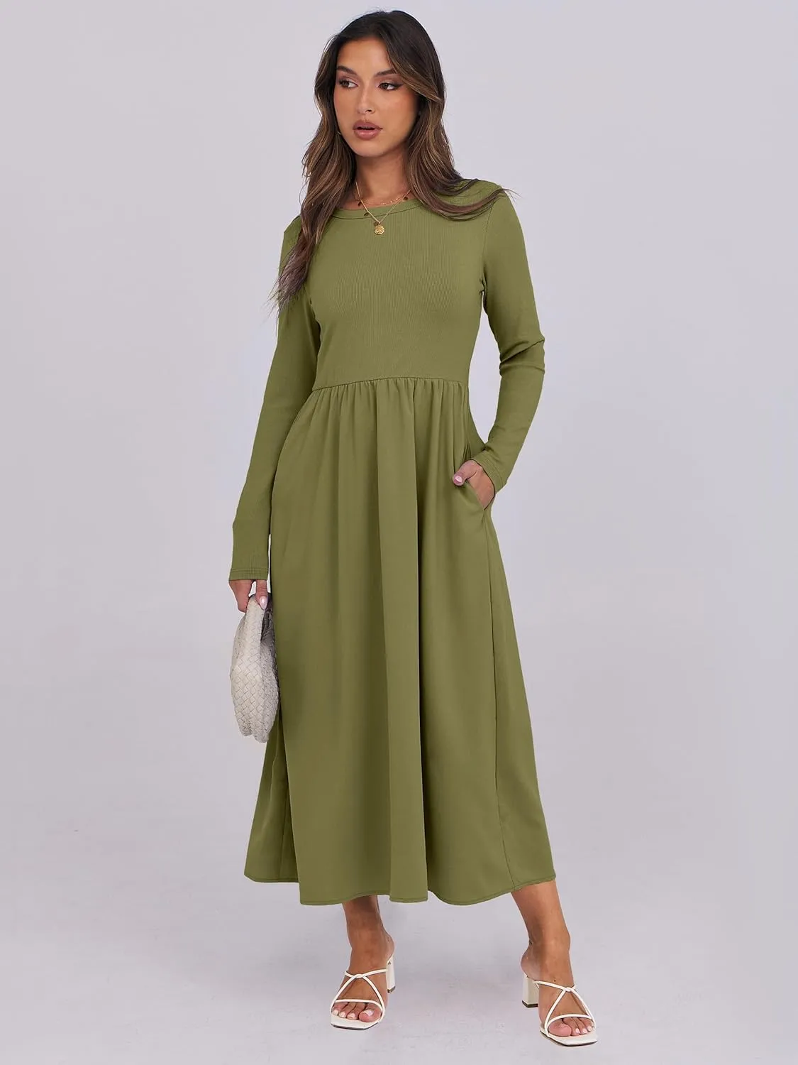 ANRABESS Women's Long Sleeve Midi Dress 2025 Fall Fashion Patchwork Ribbed Knit Tight Top Casual Flowy Swing Dresses Pockets