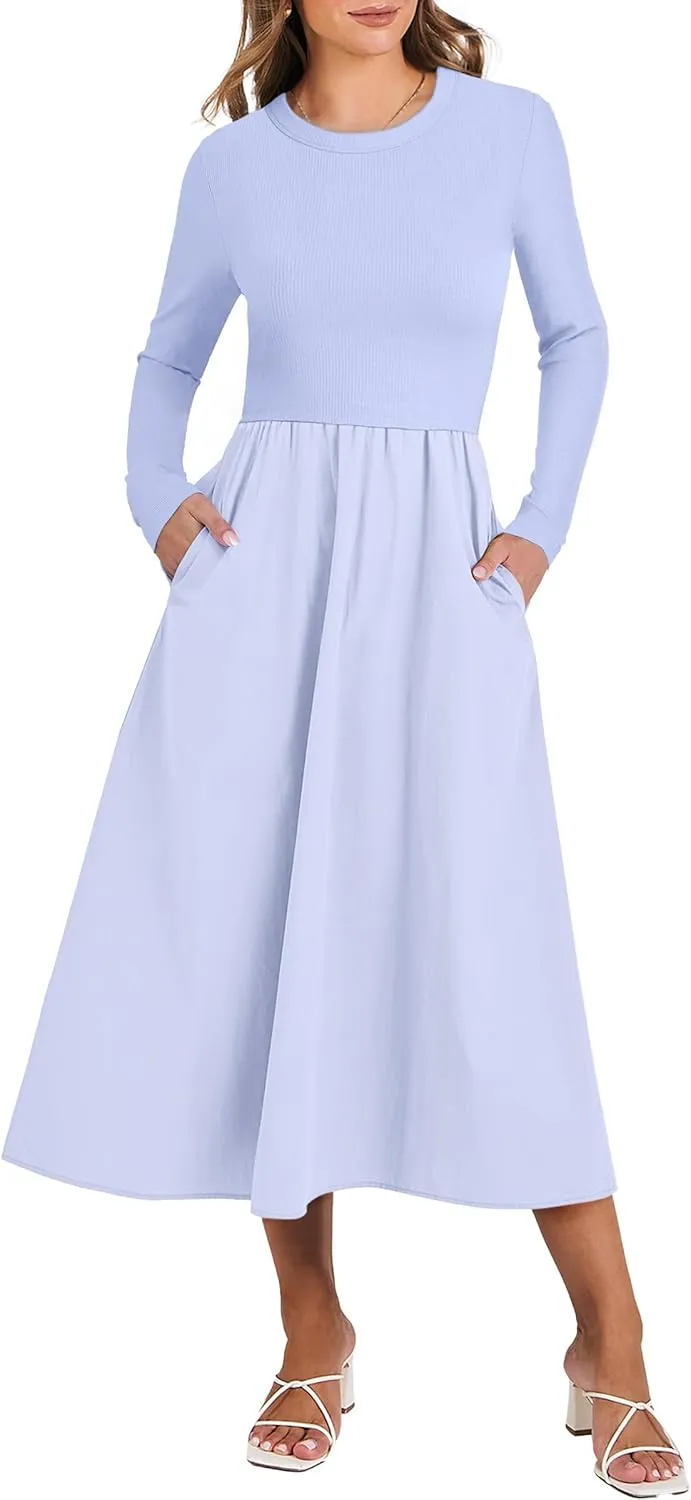 ANRABESS Women's Long Sleeve Midi Dress 2025 Fall Fashion Patchwork Ribbed Knit Tight Top Casual Flowy Swing Dresses Pockets
