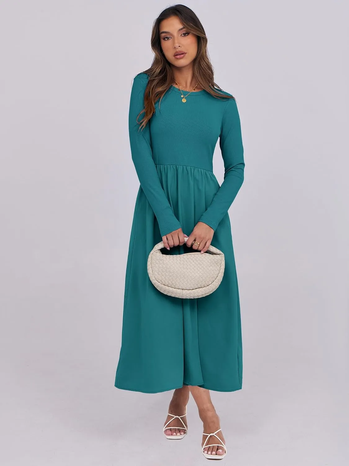 ANRABESS Women's Long Sleeve Midi Dress 2025 Fall Fashion Patchwork Ribbed Knit Tight Top Casual Flowy Swing Dresses Pockets
