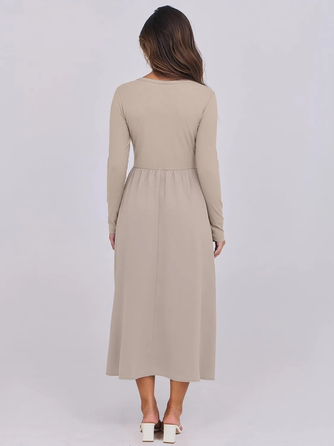 ANRABESS Women's Long Sleeve Midi Dress 2025 Fall Fashion Patchwork Ribbed Knit Tight Top Casual Flowy Swing Dresses Pockets