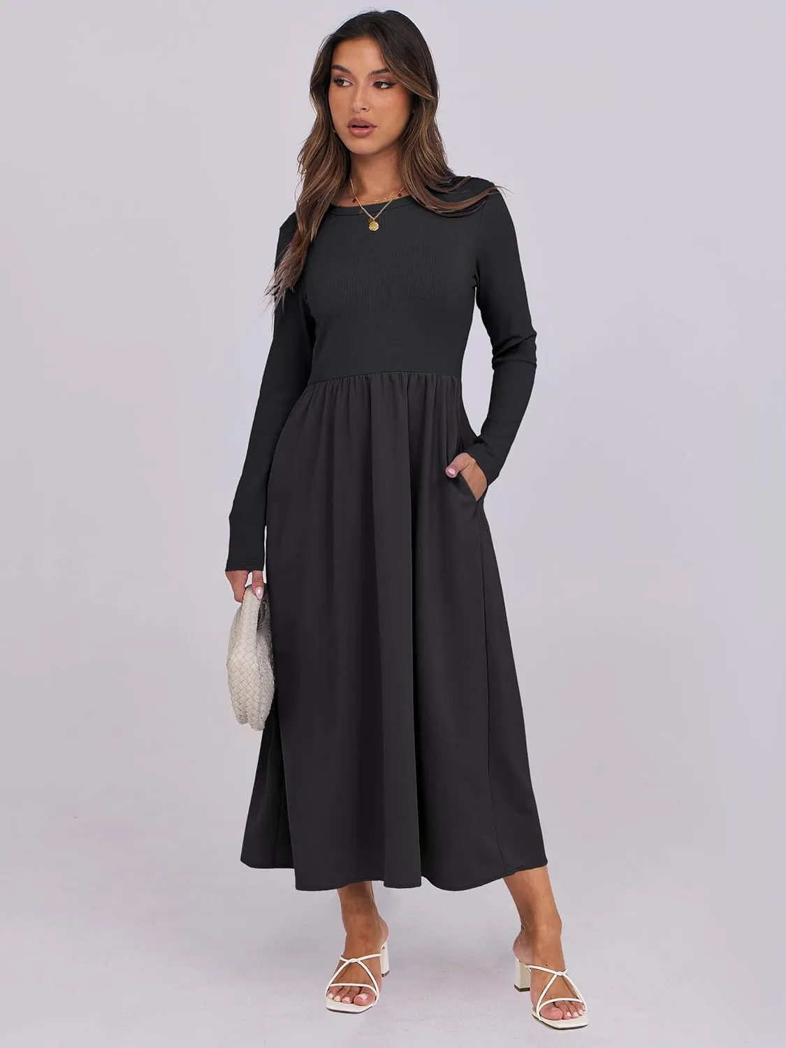 ANRABESS Women's Long Sleeve Midi Dress 2025 Fall Fashion Patchwork Ribbed Knit Tight Top Casual Flowy Swing Dresses Pockets