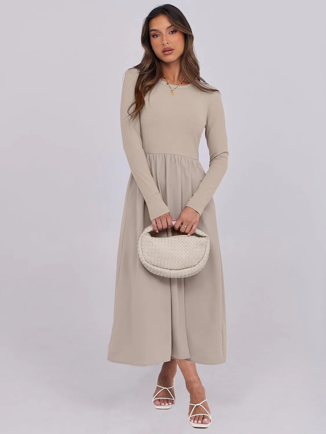 ANRABESS Women's Long Sleeve Midi Dress 2025 Fall Fashion Patchwork Ribbed Knit Tight Top Casual Flowy Swing Dresses Pockets