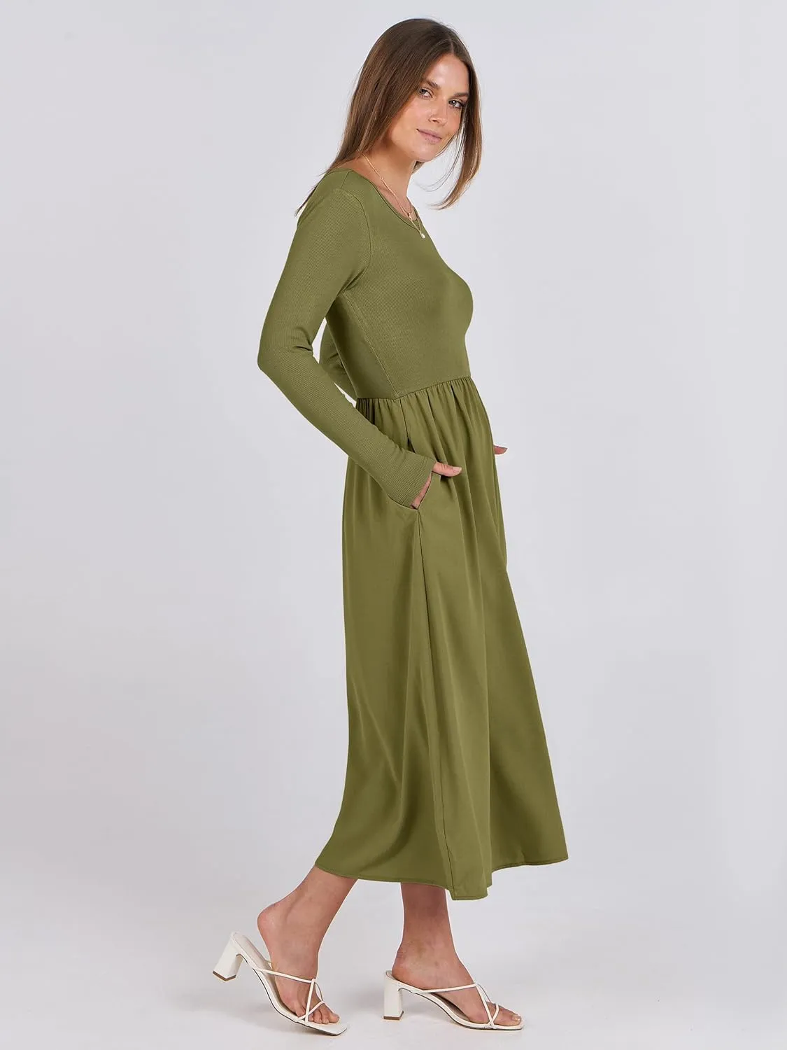 ANRABESS Women's Long Sleeve Midi Dress 2025 Fall Fashion Patchwork Ribbed Knit Tight Top Casual Flowy Swing Dresses Pockets