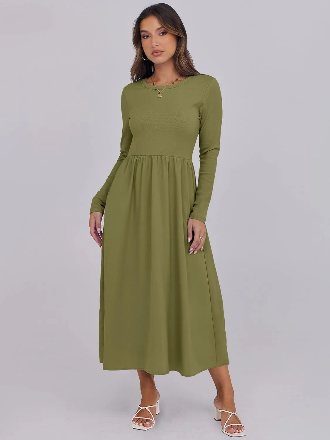 ANRABESS Women's Long Sleeve Midi Dress 2025 Fall Fashion Patchwork Ribbed Knit Tight Top Casual Flowy Swing Dresses Pockets