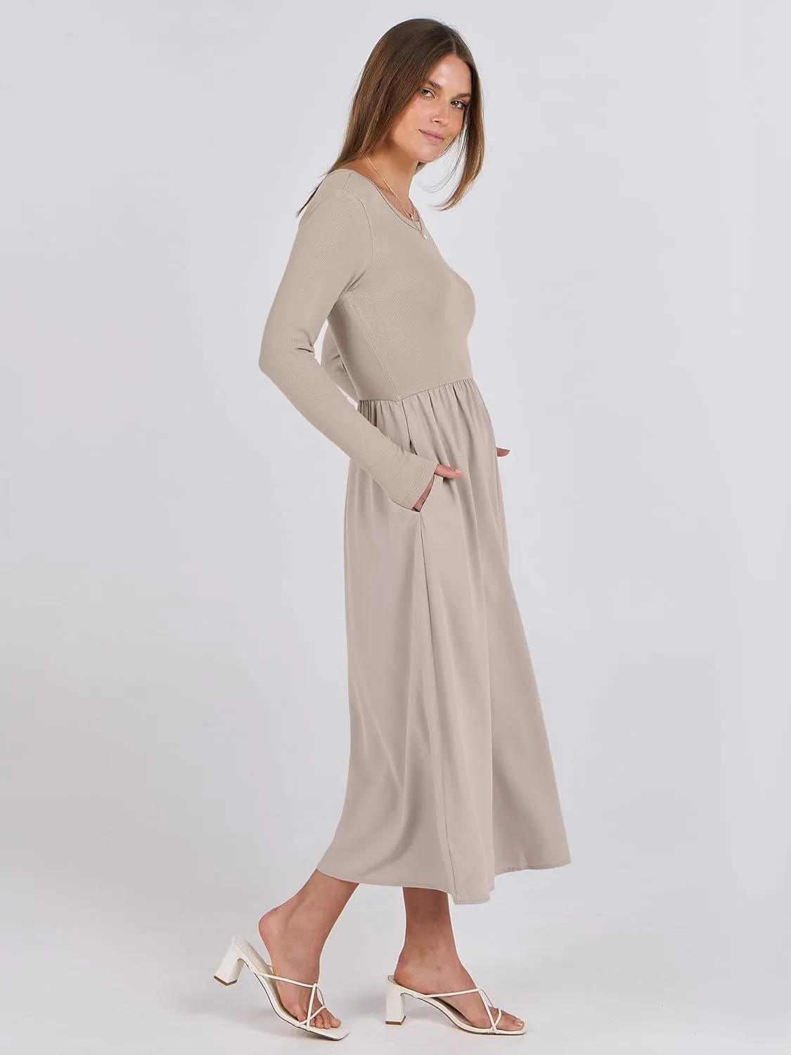ANRABESS Women's Long Sleeve Midi Dress 2025 Fall Fashion Patchwork Ribbed Knit Tight Top Casual Flowy Swing Dresses Pockets