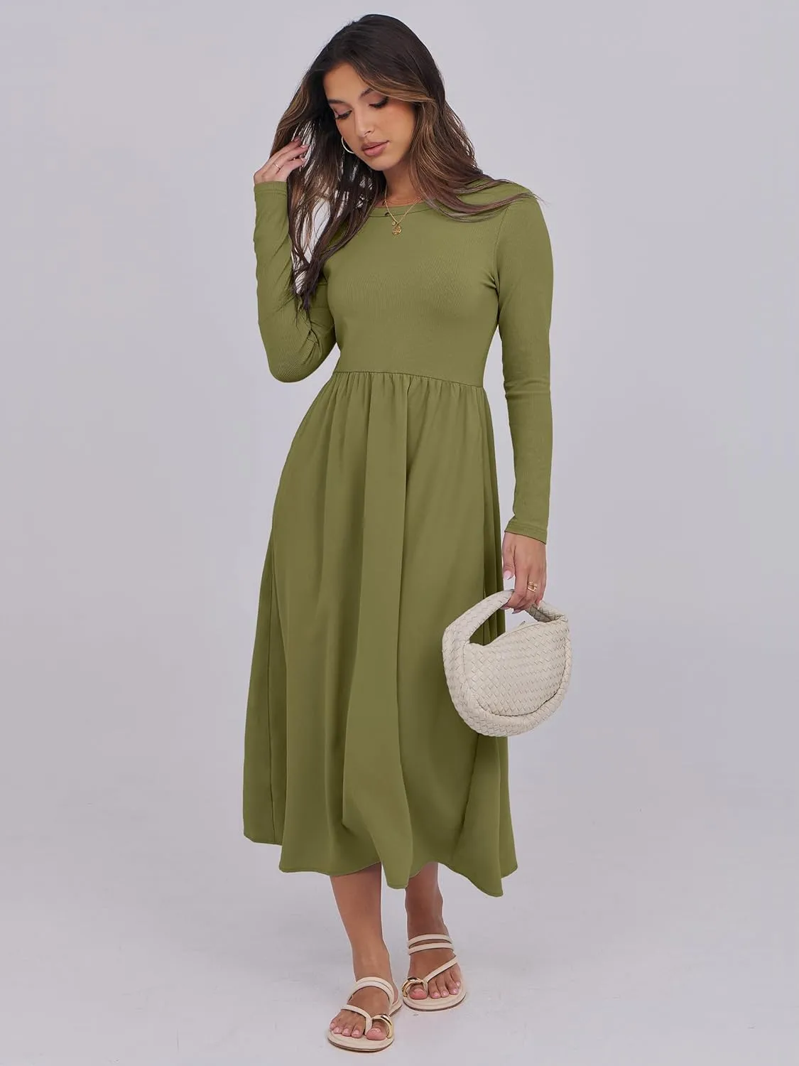 ANRABESS Women's Long Sleeve Midi Dress 2025 Fall Fashion Patchwork Ribbed Knit Tight Top Casual Flowy Swing Dresses Pockets