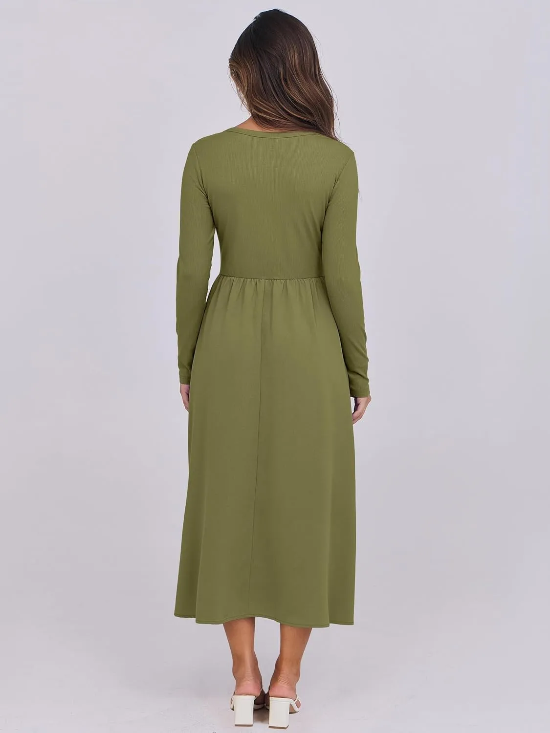 ANRABESS Women's Long Sleeve Midi Dress 2025 Fall Fashion Patchwork Ribbed Knit Tight Top Casual Flowy Swing Dresses Pockets