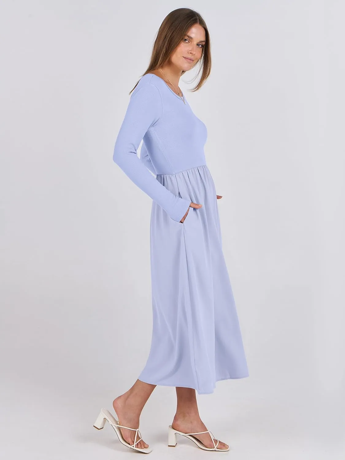 ANRABESS Women's Long Sleeve Midi Dress 2025 Fall Fashion Patchwork Ribbed Knit Tight Top Casual Flowy Swing Dresses Pockets