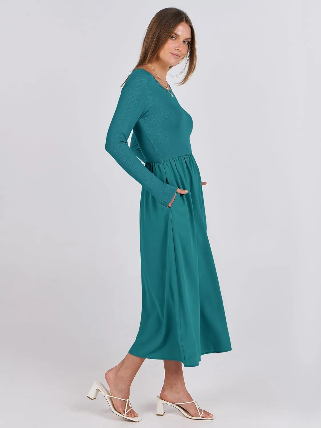 ANRABESS Women's Long Sleeve Midi Dress 2025 Fall Fashion Patchwork Ribbed Knit Tight Top Casual Flowy Swing Dresses Pockets