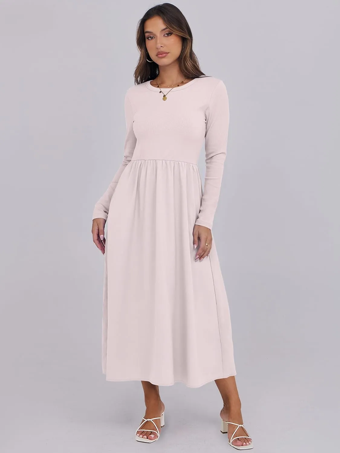 ANRABESS Women's Long Sleeve Midi Dress 2025 Fall Fashion Patchwork Ribbed Knit Tight Top Casual Flowy Swing Dresses Pockets