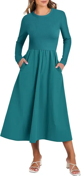 ANRABESS Women's Long Sleeve Midi Dress 2025 Fall Fashion Patchwork Ribbed Knit Tight Top Casual Flowy Swing Dresses Pockets