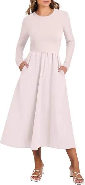 ANRABESS Women's Long Sleeve Midi Dress 2025 Fall Fashion Patchwork Ribbed Knit Tight Top Casual Flowy Swing Dresses Pockets