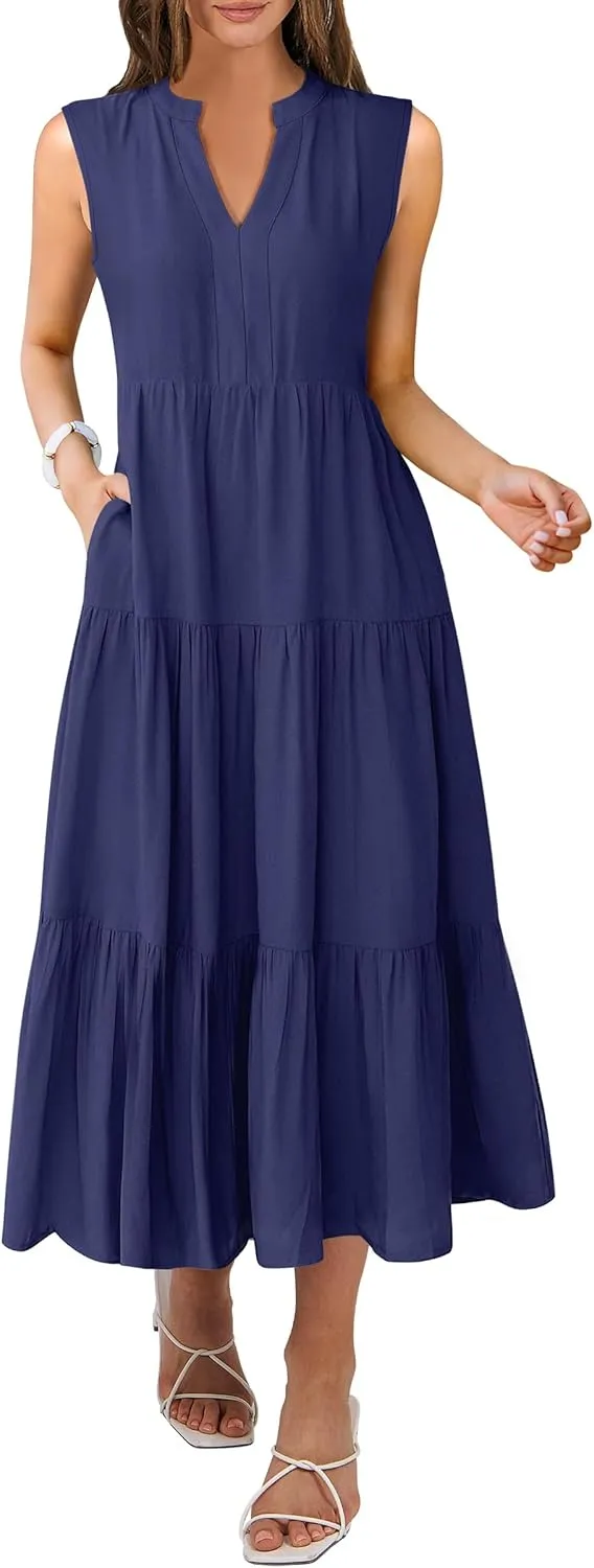 ANRABESS Womens Summer Casual Sleeveless V Neck Maxi Dress 2025 Spring Tie Waist A-Line Flowy Tiered Boho Long Beach Sundress