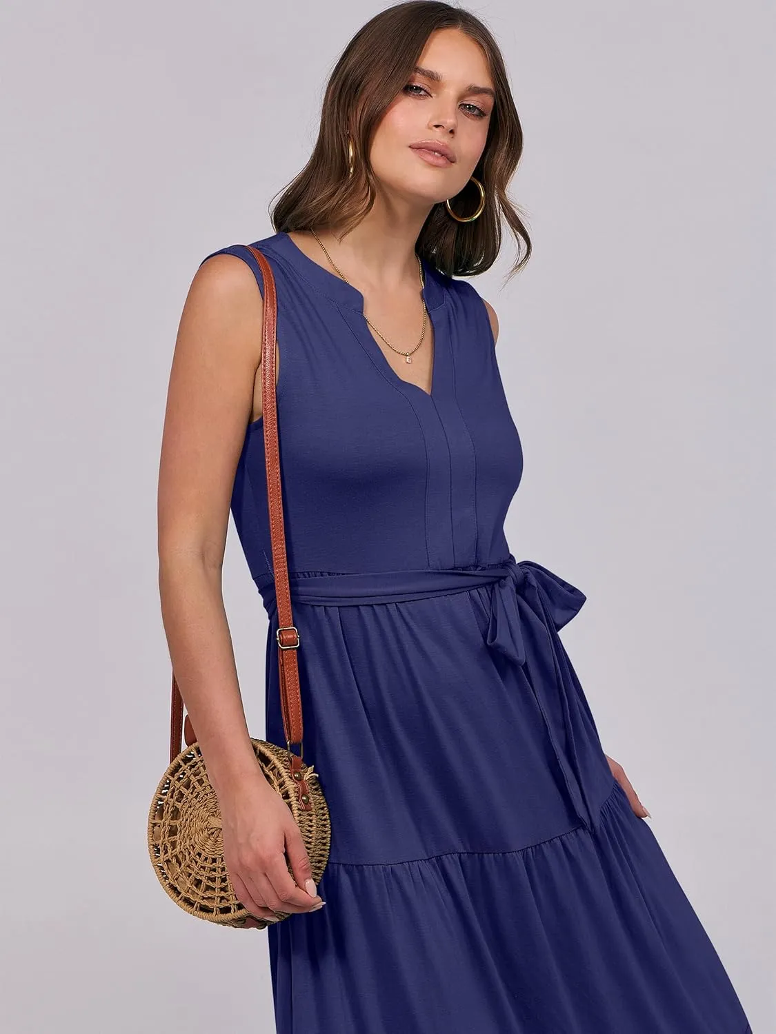 ANRABESS Womens Summer Casual Sleeveless V Neck Maxi Dress 2025 Spring Tie Waist A-Line Flowy Tiered Boho Long Beach Sundress