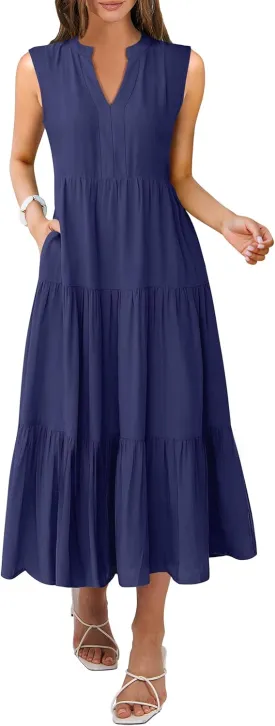 ANRABESS Womens Summer Casual Sleeveless V Neck Maxi Dress 2025 Spring Tie Waist A-Line Flowy Tiered Boho Long Beach Sundress
