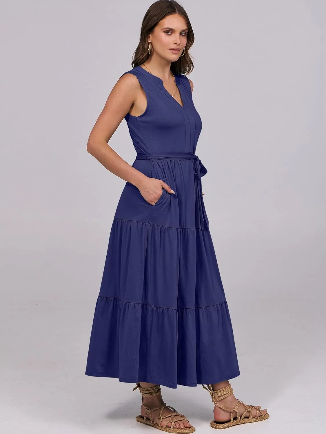 ANRABESS Womens Summer Casual Sleeveless V Neck Maxi Dress 2025 Spring Tie Waist A-Line Flowy Tiered Boho Long Beach Sundress