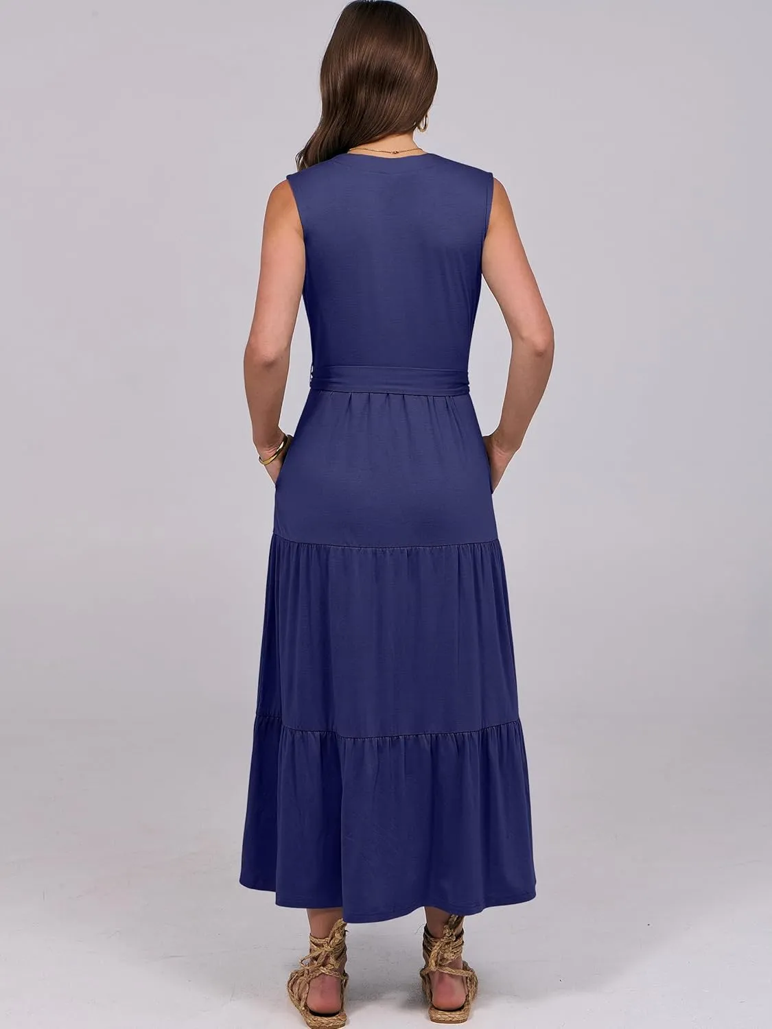 ANRABESS Womens Summer Casual Sleeveless V Neck Maxi Dress 2025 Spring Tie Waist A-Line Flowy Tiered Boho Long Beach Sundress
