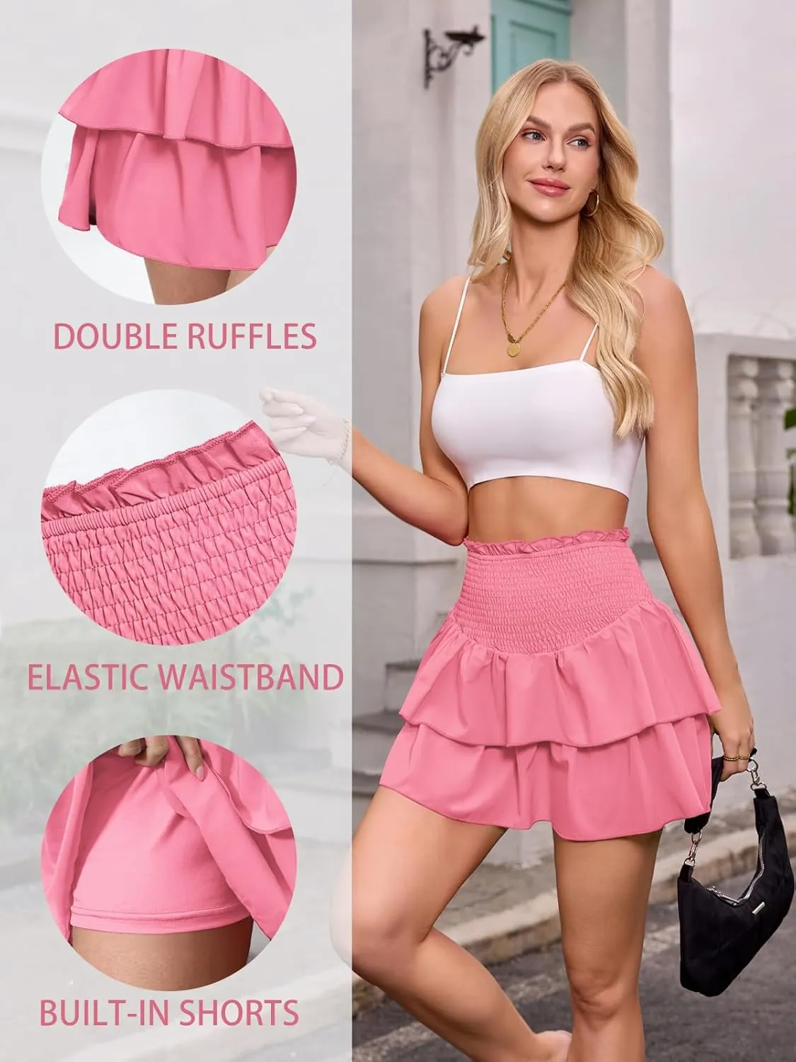ANRILITA Mini Skirts for Women High Waist Ruffle Cute Flowy Skirt Casual Layered Skort with Shorts