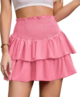 ANRILITA Mini Skirts for Women High Waist Ruffle Cute Flowy Skirt Casual Layered Skort with Shorts
