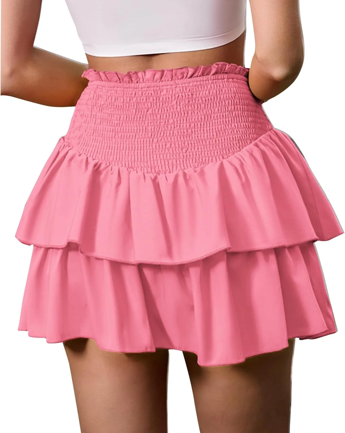 ANRILITA Mini Skirts for Women High Waist Ruffle Cute Flowy Skirt Casual Layered Skort with Shorts