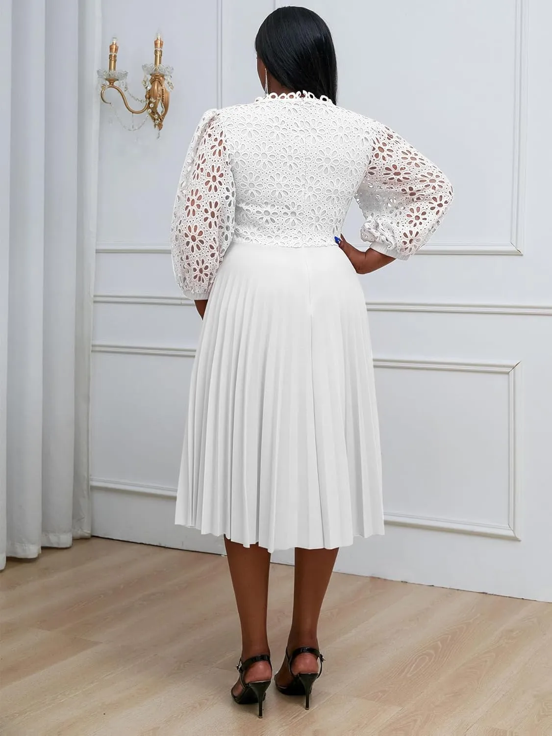 AOMEI Women's Elegant Lace Patchwork A-line Midi Pleated Hollow Out Lantern Sleeve Dress