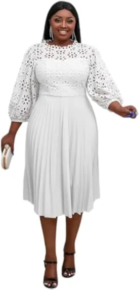 AOMEI Women's Elegant Lace Patchwork A-line Midi Pleated Hollow Out Lantern Sleeve Dress